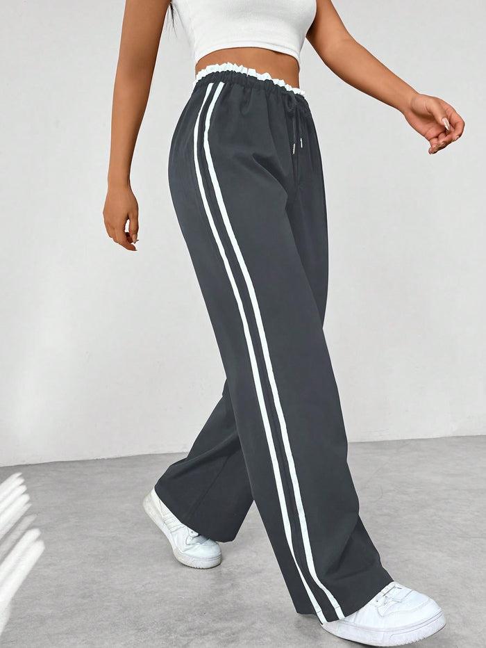 Dames Sportieve High-Waisted Joggingbroek – Zwart met Witte Strepen, Casual Sportkleding voor Vrije Tijd