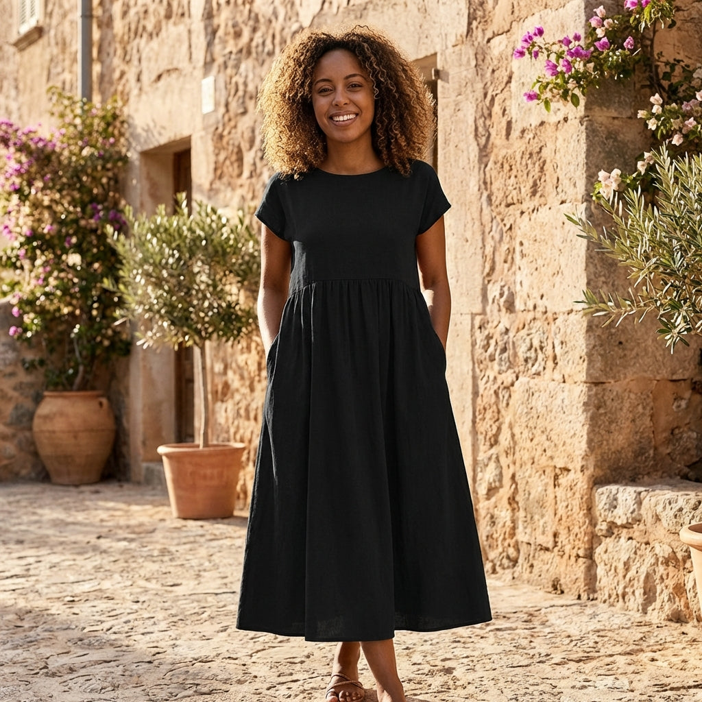 Liora | Women Knee Length Dress Empire Style Short Sleeve Pockets Casual