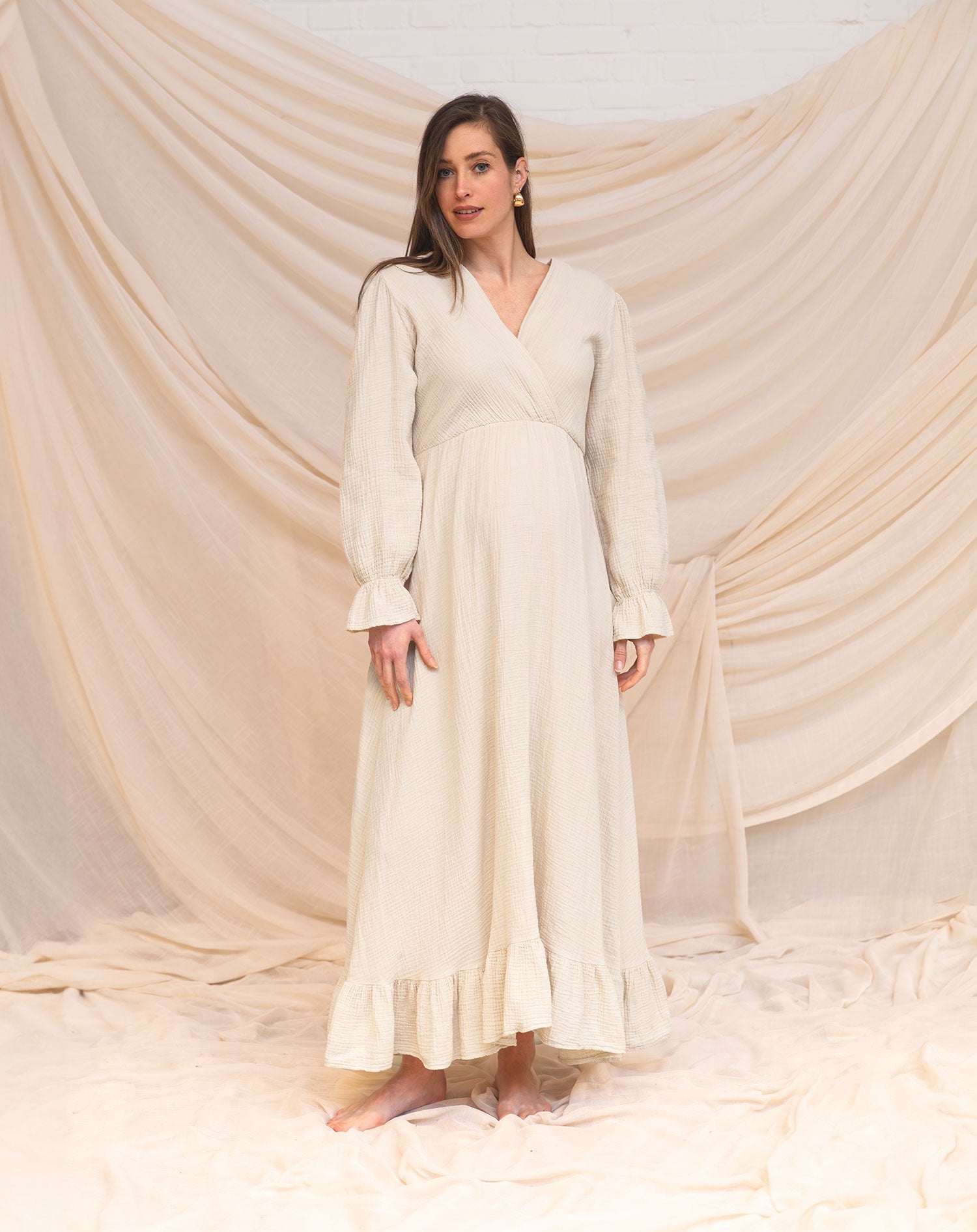 MOUSSELINE MAXI RUFFLE DRESS ZAND
