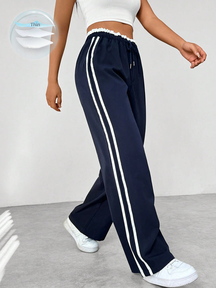 Dames Sportieve High-Waisted Joggingbroek – Zwart met Witte Strepen, Casual Sportkleding voor Vrije Tijd