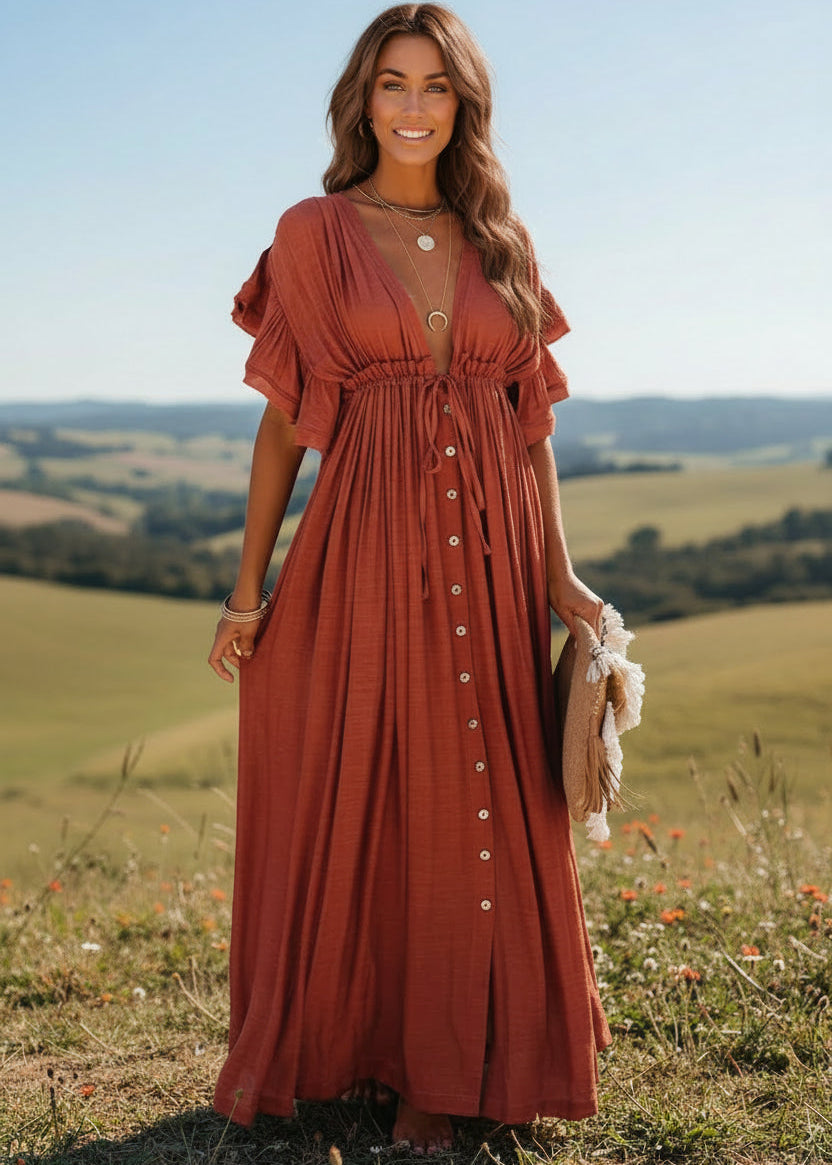 Robe Longue Chic Bohème Rouille