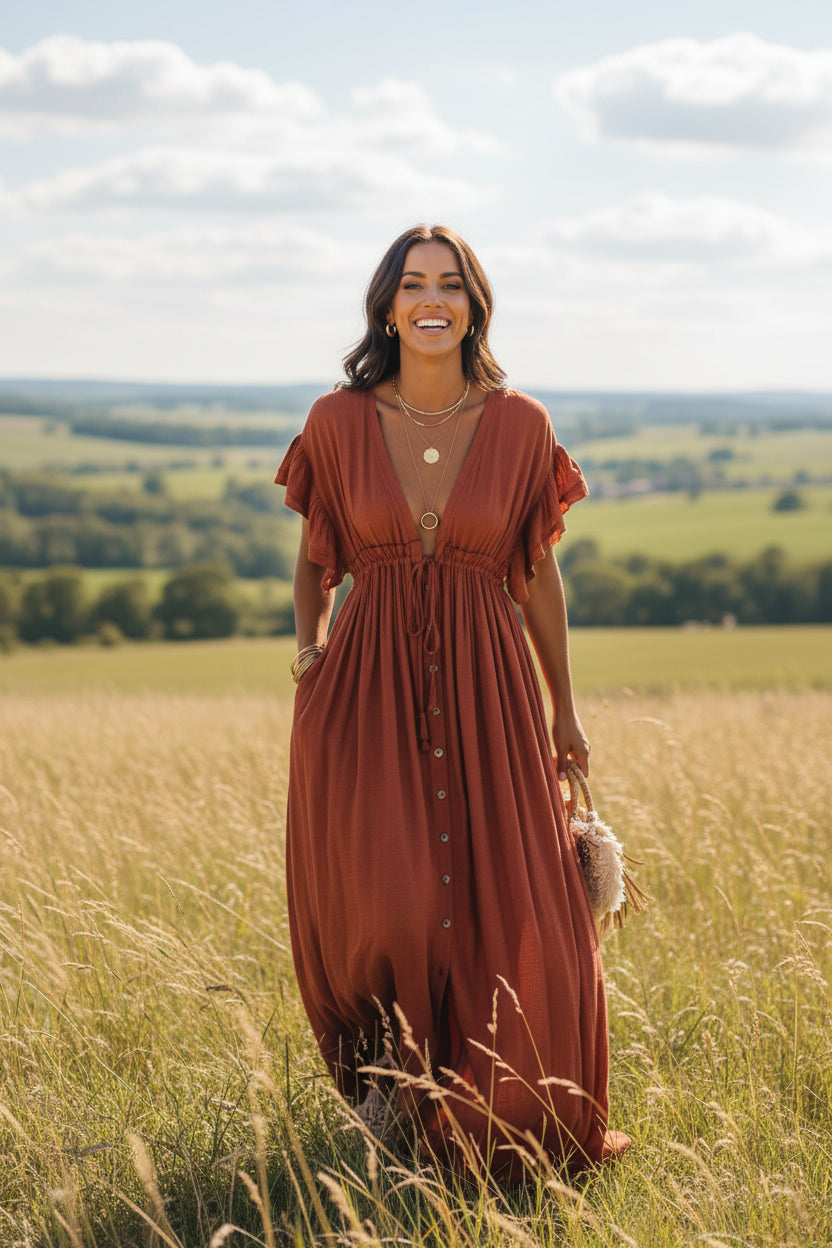 Robe Longue Chic Bohème Rouille