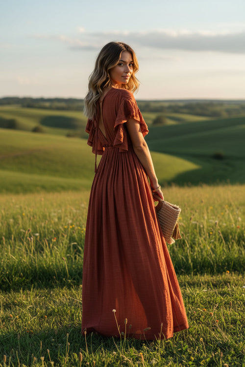 Robe Longue Chic Bohème Rouille